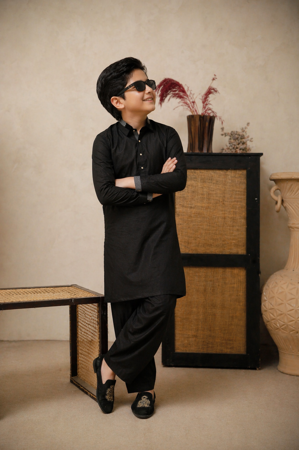 Black Father & Son Matching Kameez Shalwar Set For Men & Kid