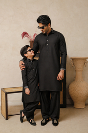 Black Father & Son Matching Kameez Shalwar Set For Men & Kid