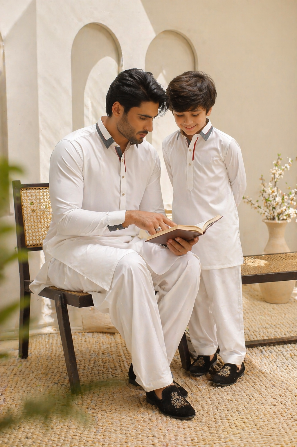 White Father & Son Matching Shalwar Kameez Set For Men & Kid