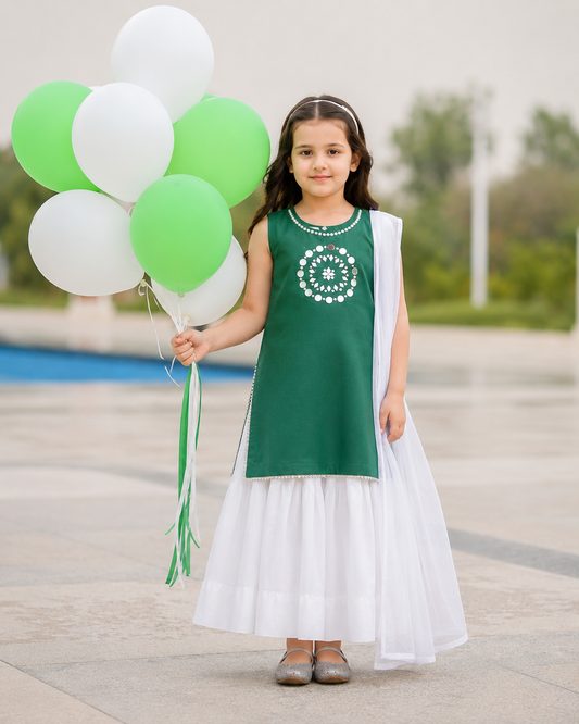 14th August Mirror Work Lawn 3-Piece Garara Suit For Girls