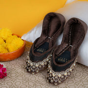 Cocoa Royale Khussas – Regal Velvet with Pearl & Gold Embroidery For Women