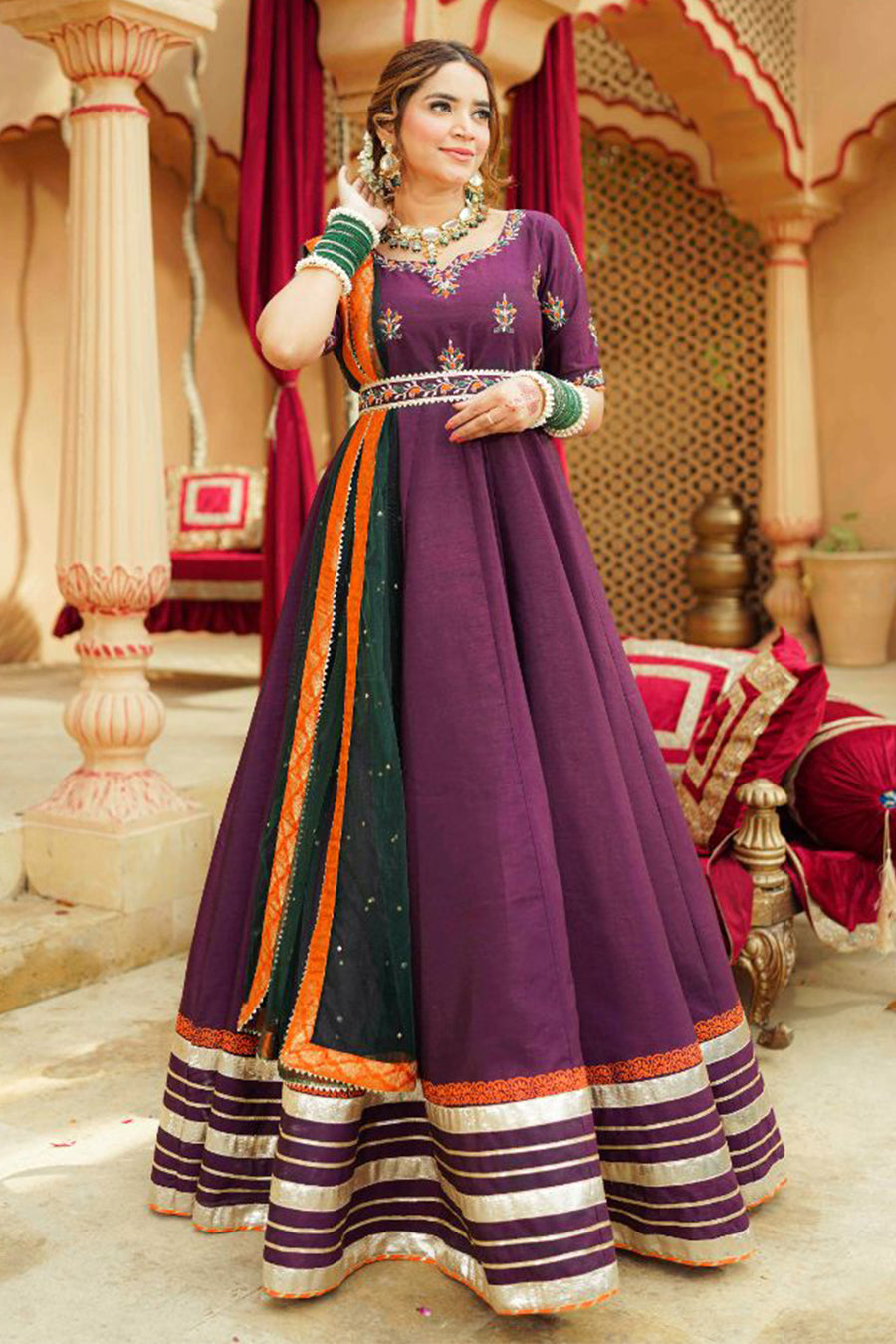 Mehrunisa Purple & Green Raw Silk Maxi with Dupatta & Belt For Women