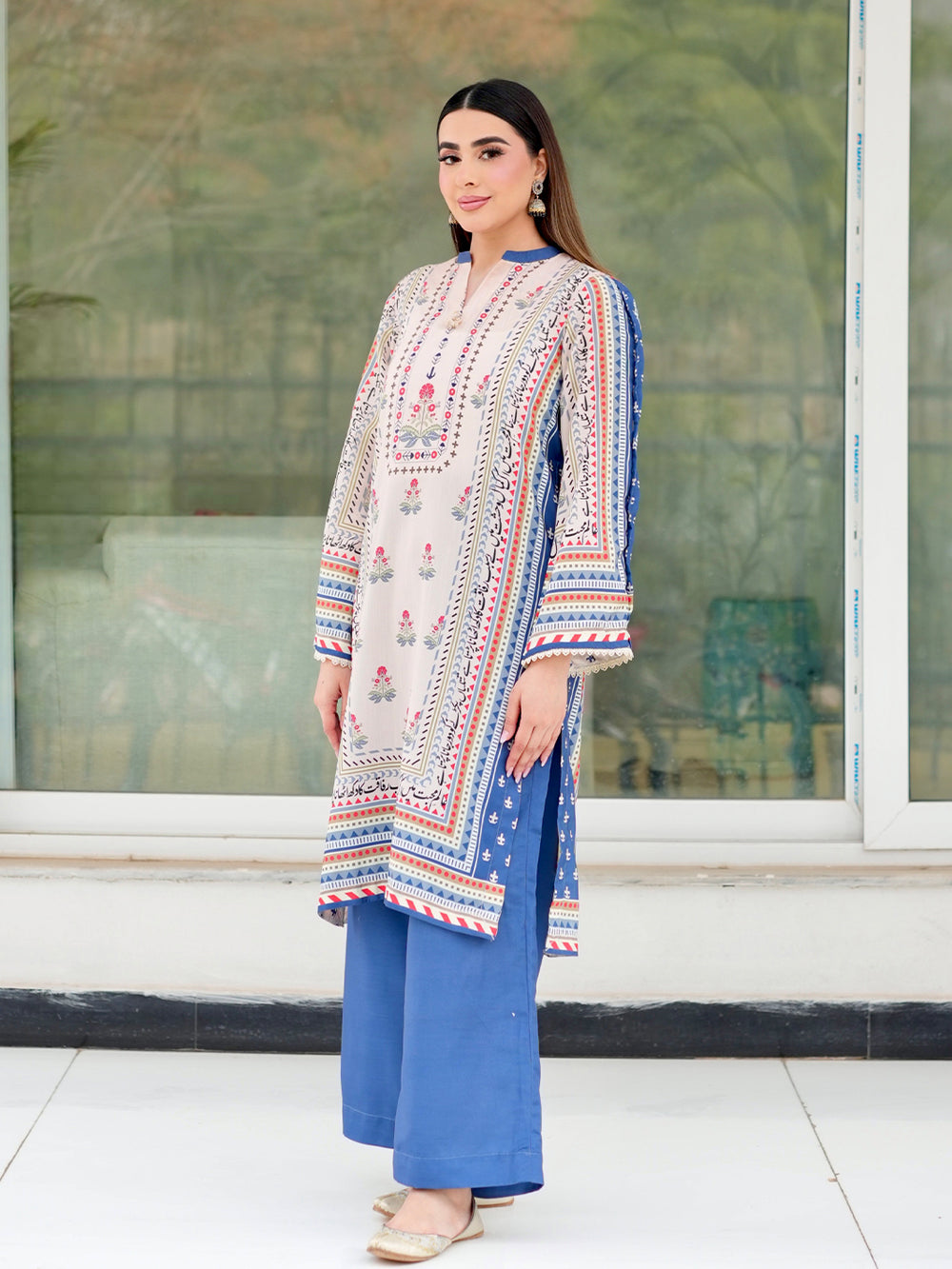 Ivory Beige 3-Piece Printed Suit with Chiffon Dupatta For Women