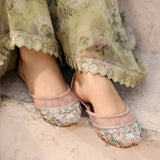 Golden Tilla and Pearl Embellished 'Faith' Elegant Velvet Khussas for Festive Luxury By Dazzle
