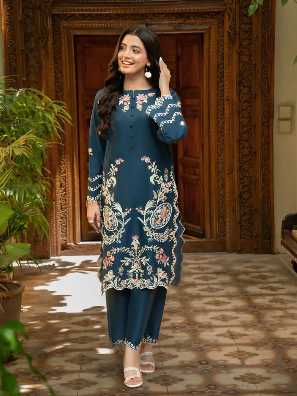 Navy Blue Embroidered Cambric 2-Piece Suit For Women