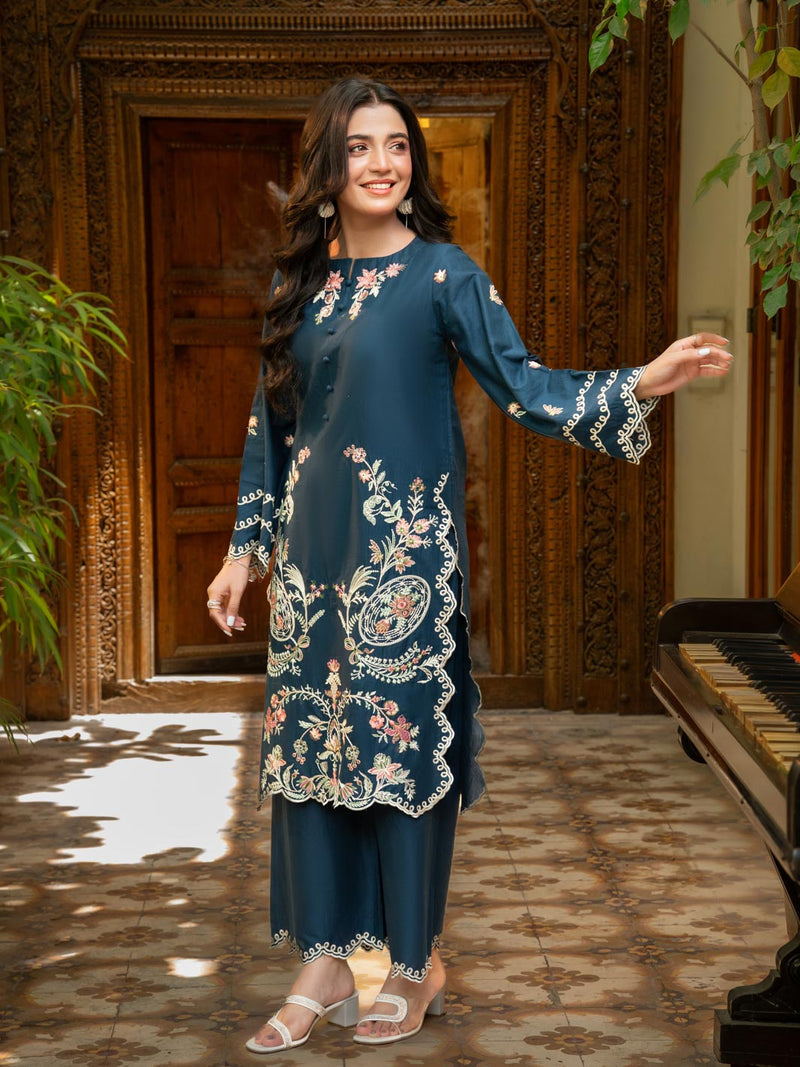 Navy Blue 2-Piece Embroidered Cambric Suit – Spring Edit For Women