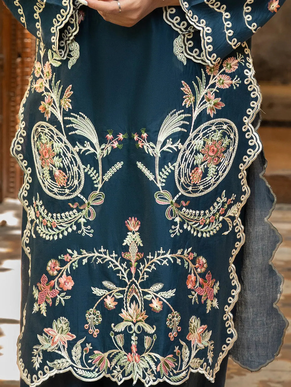 Navy Blue Embroidered Cambric 2-Piece Suit For Women