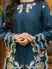 Navy Blue Embroidered Cambric 2-Piece Suit For Women