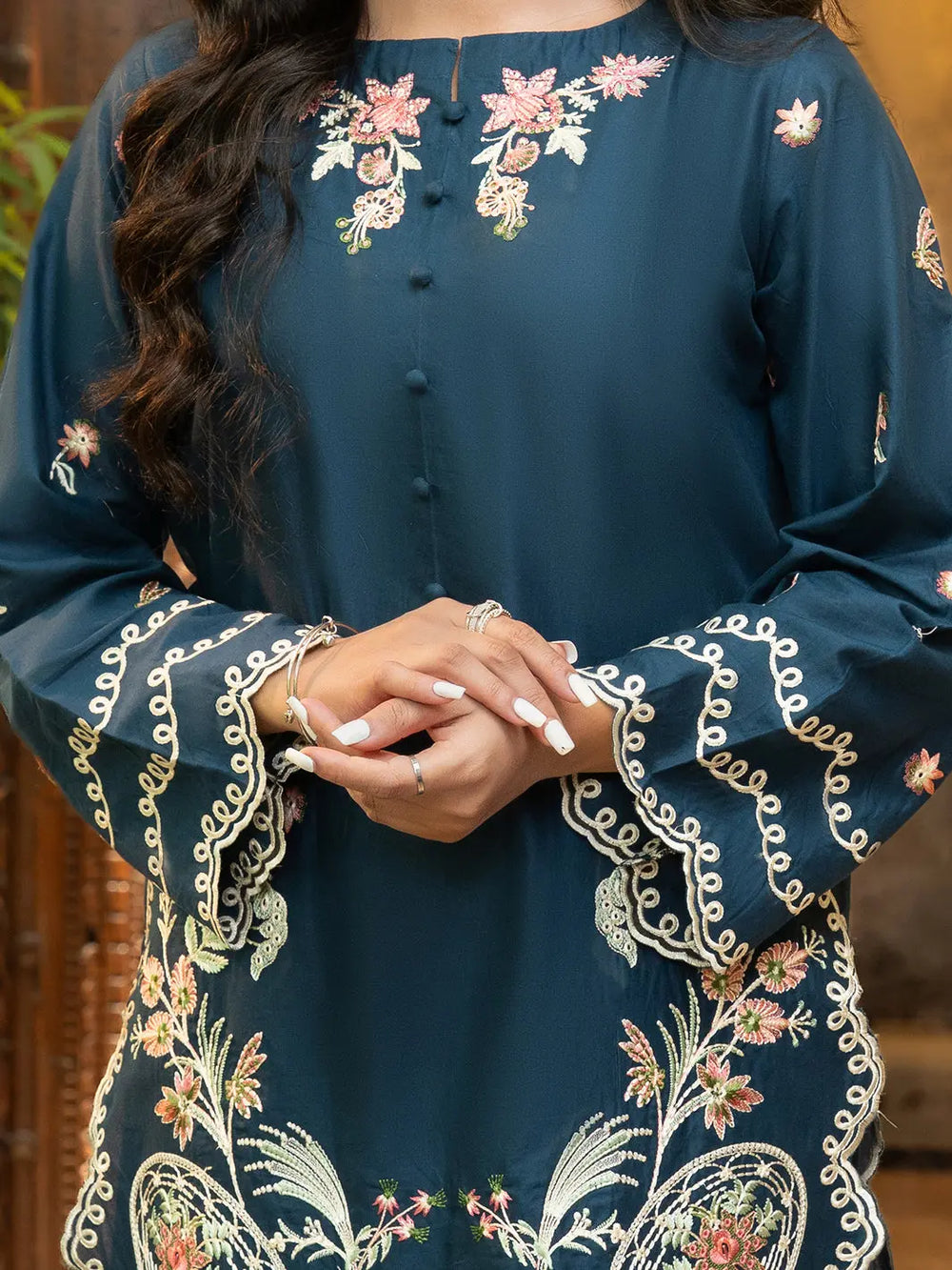 Navy Blue Embroidered Cambric 2-Piece Suit For Women