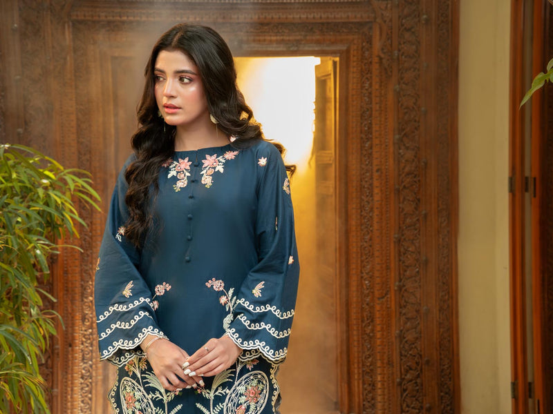 Navy Blue 2-Piece Embroidered Cambric Suit – Spring Edit For Women