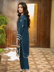 Navy Blue Embroidered Cambric 2-Piece Suit For Women