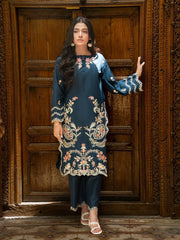 Navy Blue Embroidered Cambric 2-Piece Suit For Women