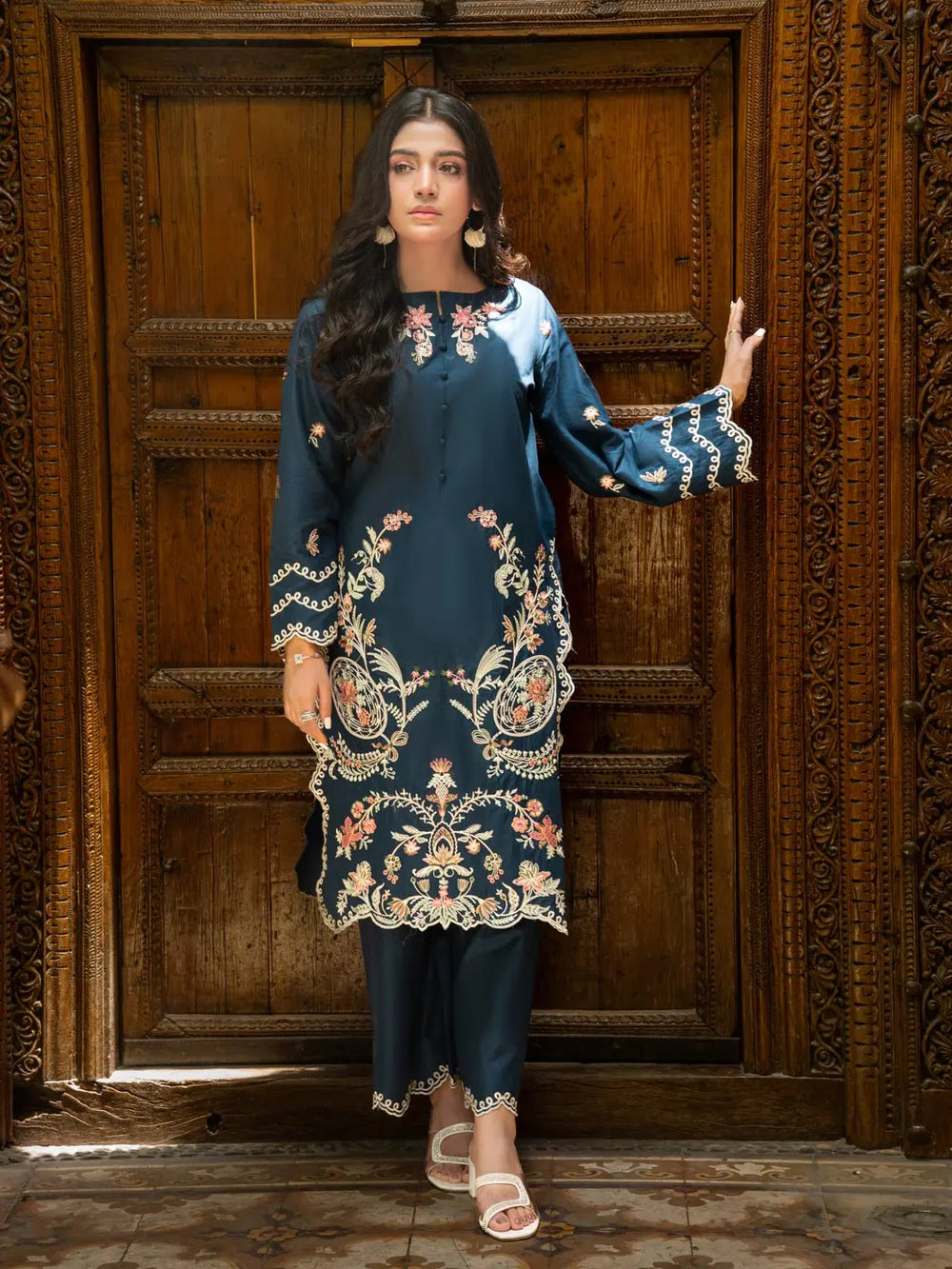 Navy Blue Embroidered Cambric 2-Piece Suit For Women