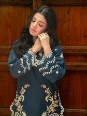 Navy Blue Embroidered Cambric 2-Piece Suit For Women