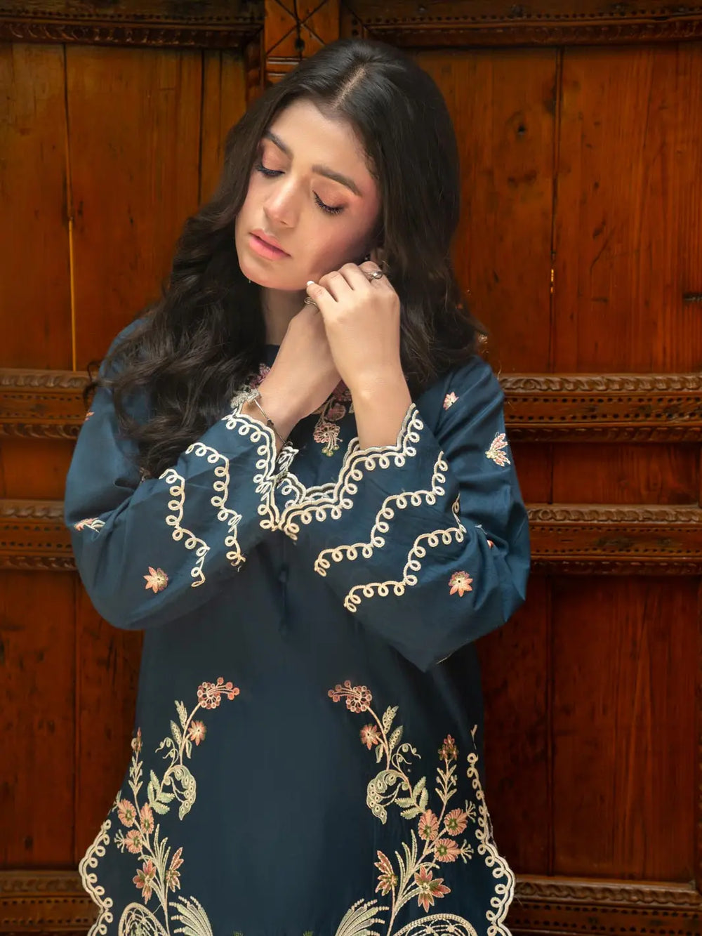 Navy Blue Embroidered Cambric 2-Piece Suit For Women