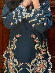 Navy Blue Embroidered Cambric 2-Piece Suit For Women