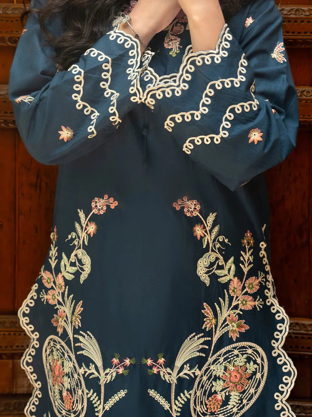 Navy Blue Embroidered Cambric 2-Piece Suit For Women
