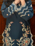 Navy Blue Embroidered Cambric 2-Piece Suit For Women