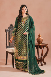 Bottle Green Royal Embroidered Russian Silk Suit For Women