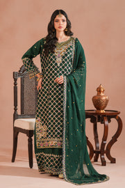 Bottle Green Royal Embroidered Russian Silk Suit For Women