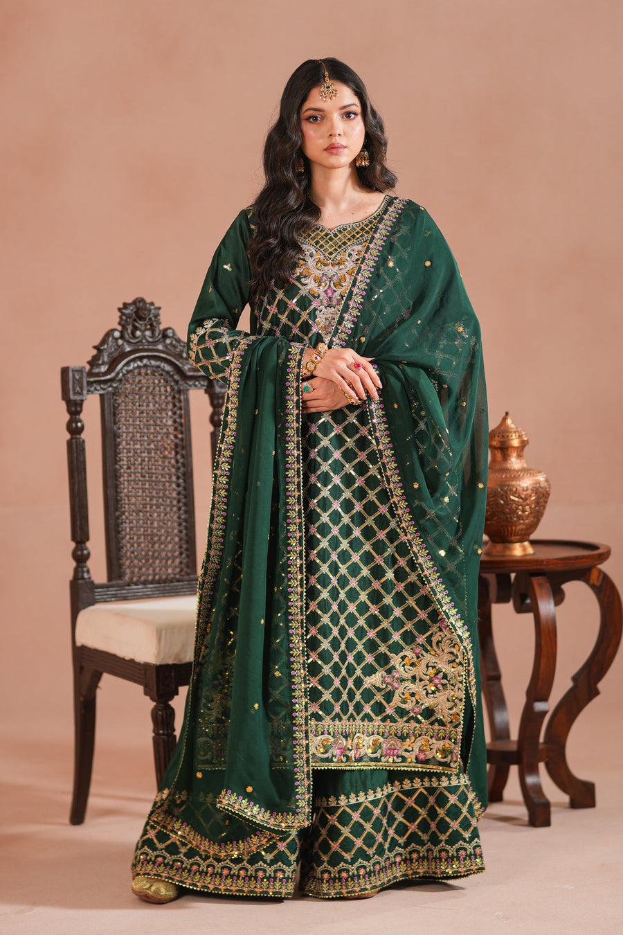 Bottle Green Royal Embroidered Russian Silk Suit For Women