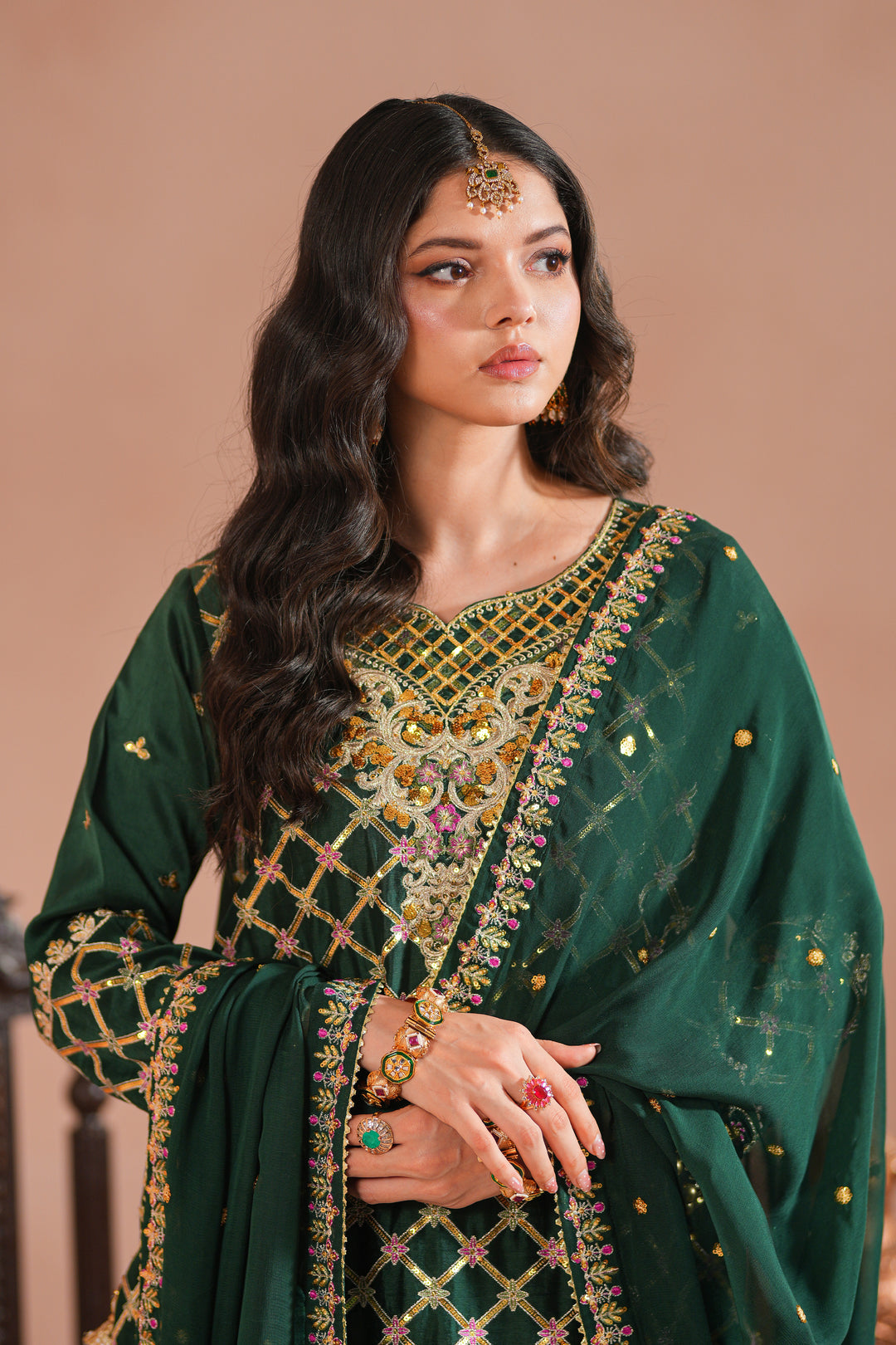 Bottle Green Royal Embroidered Russian Silk Suit For Women