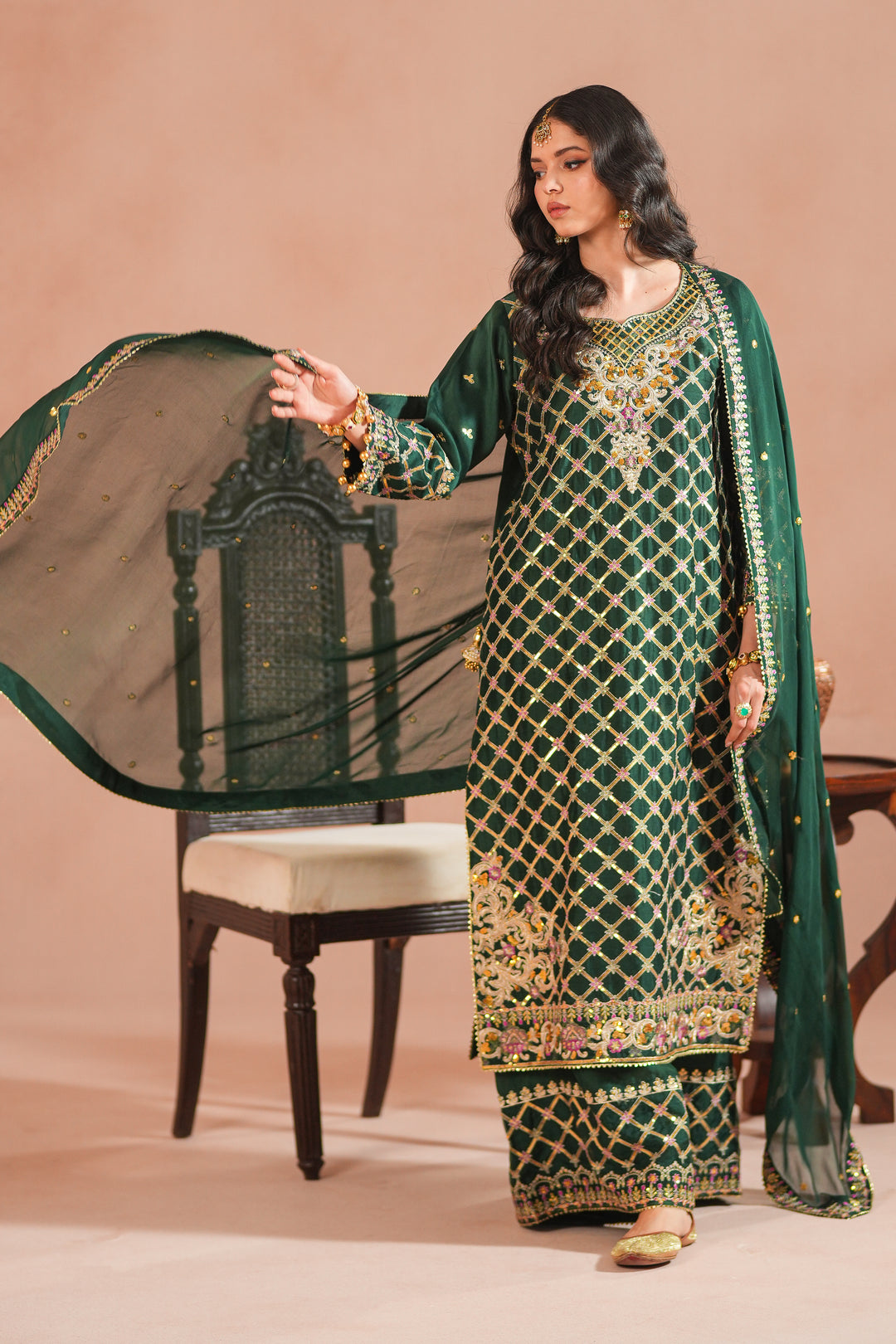 Bottle Green Royal Embroidered Russian Silk Suit For Women