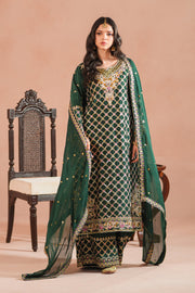 Bottle Green Royal Embroidered Russian Silk Suit For Women