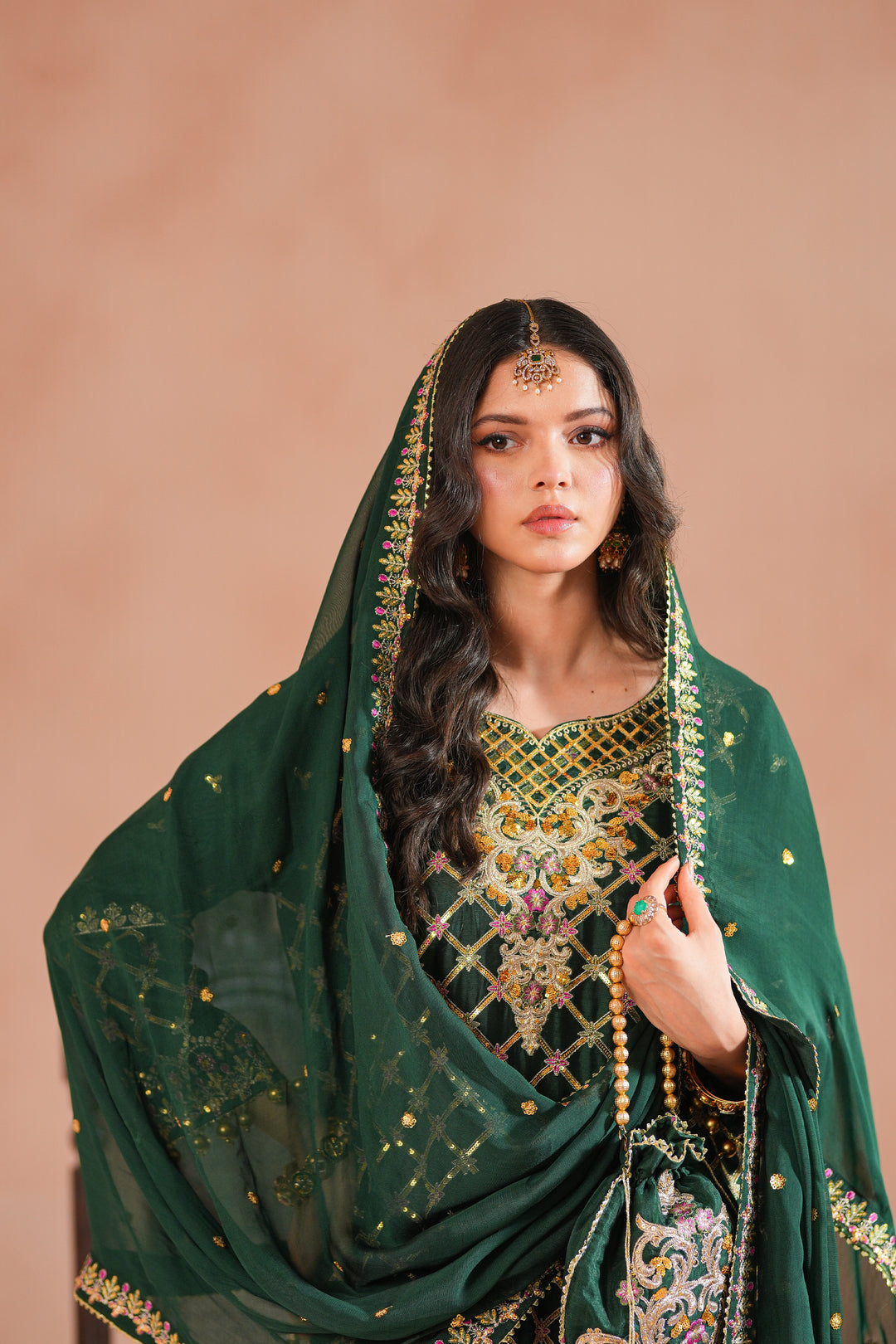 Bottle Green Royal Embroidered Russian Silk Suit For Women