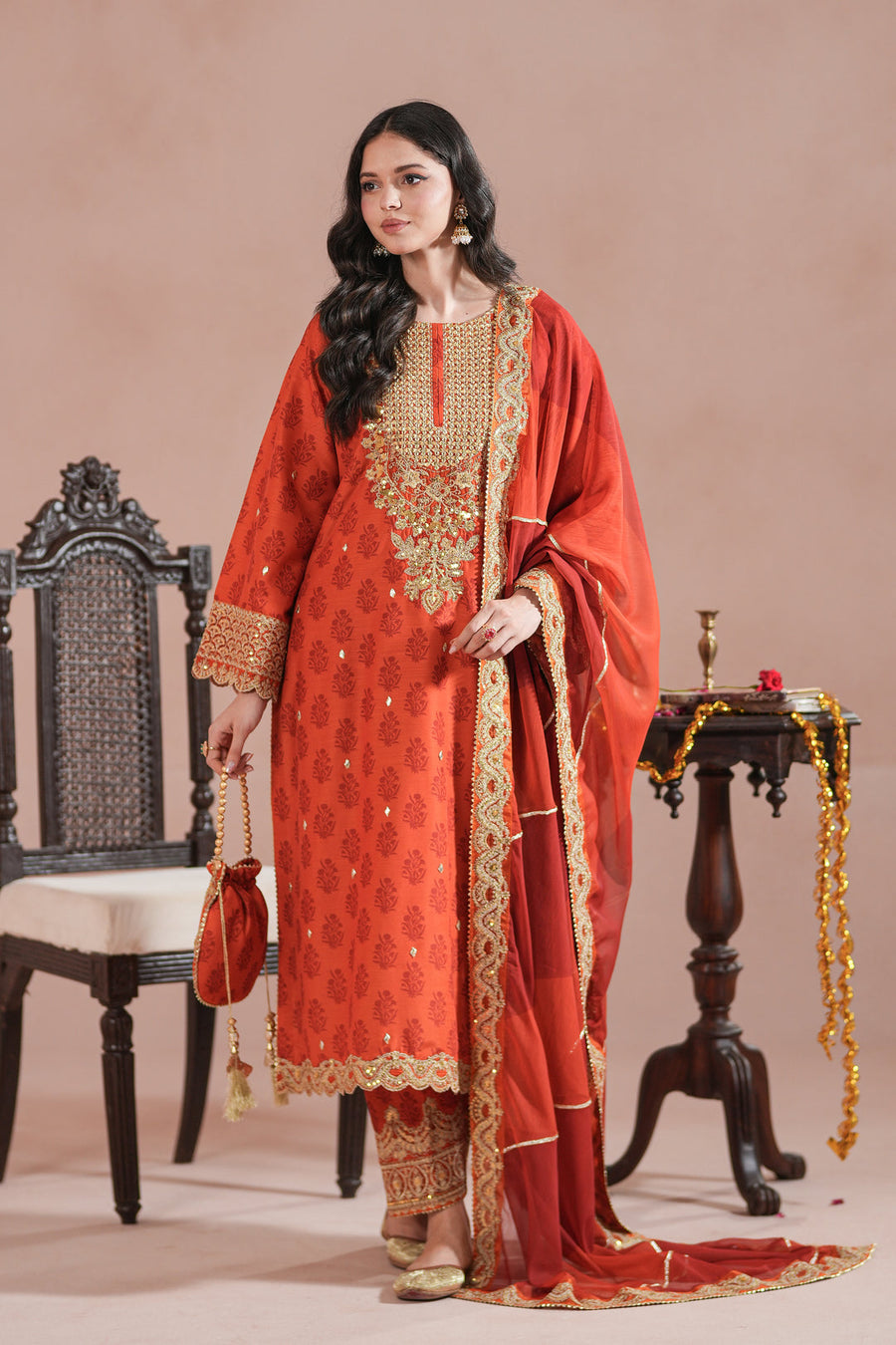 Rust Orange Royal Embroidered Raw Silk Suit For Women