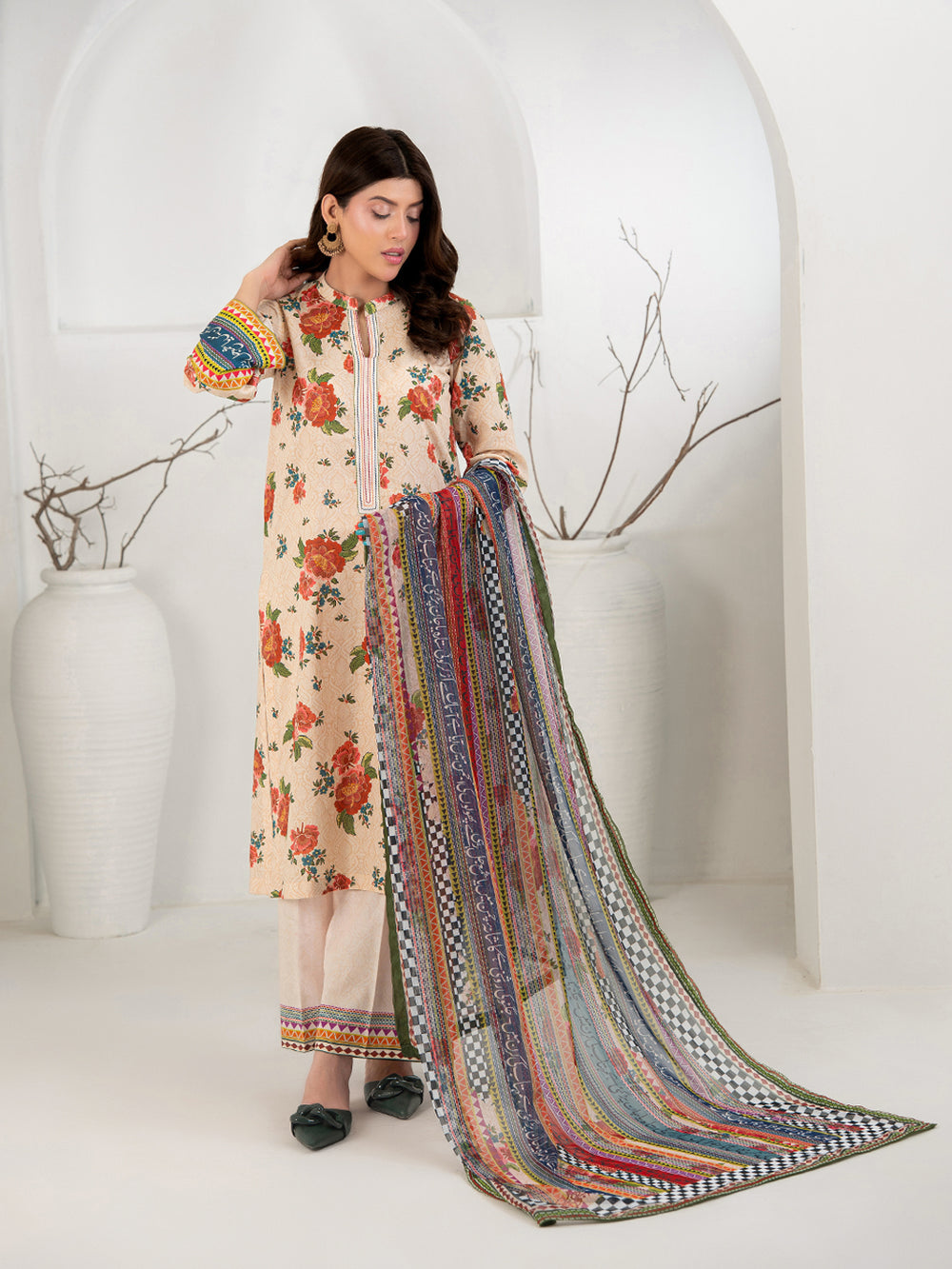 Peach Beige 3-Piece Printed Suit with Chiffon Dupatta For Women