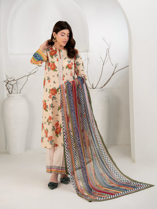 Peach Beige 3-Piece Printed Suit with Chiffon Dupatta For Women