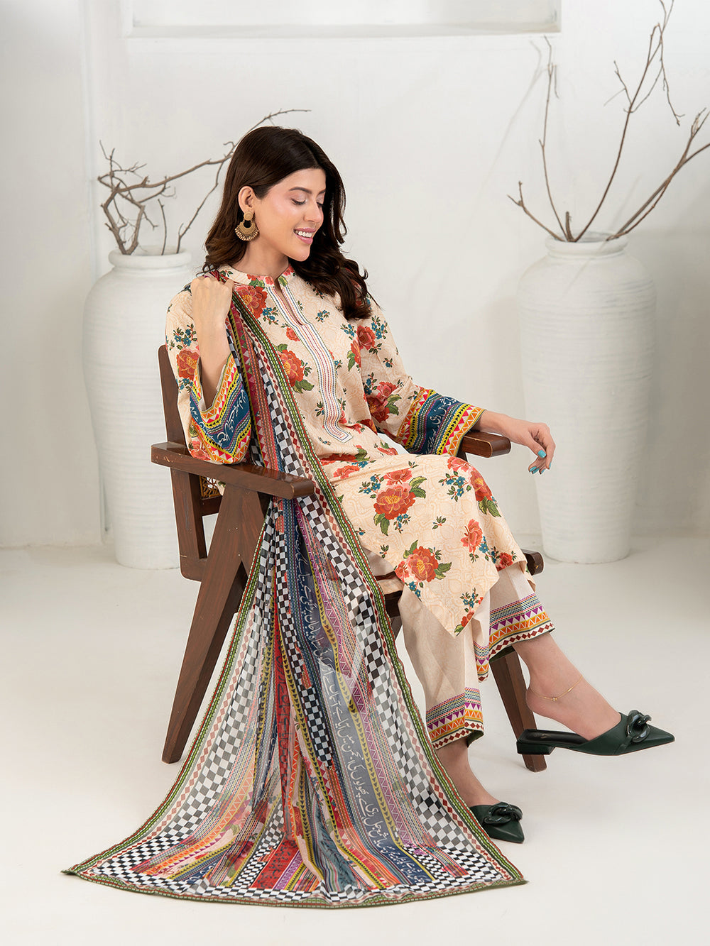 Peach Beige 3-Piece Printed Suit with Chiffon Dupatta For Women