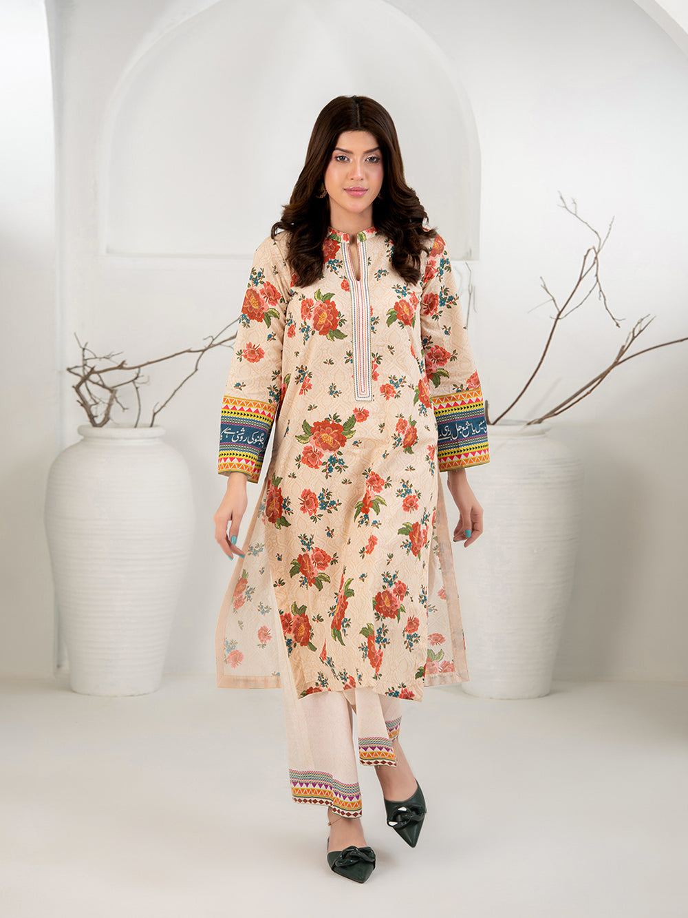 Peach Beige 3-Piece Printed Suit with Chiffon Dupatta For Women