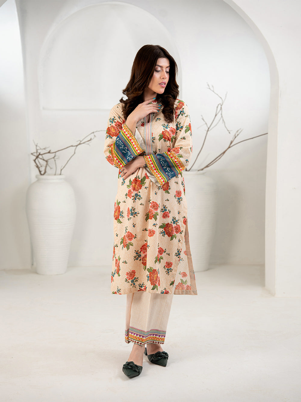Peach Beige 3-Piece Printed Suit with Chiffon Dupatta For Women