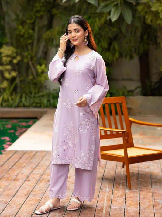 Lilac 2-Piece Embroidered Cambric Suit For Women