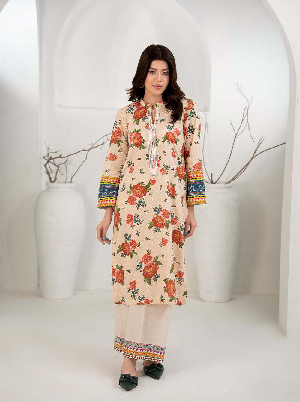 Peach Beige 3-Piece Printed Suit with Chiffon Dupatta For Women