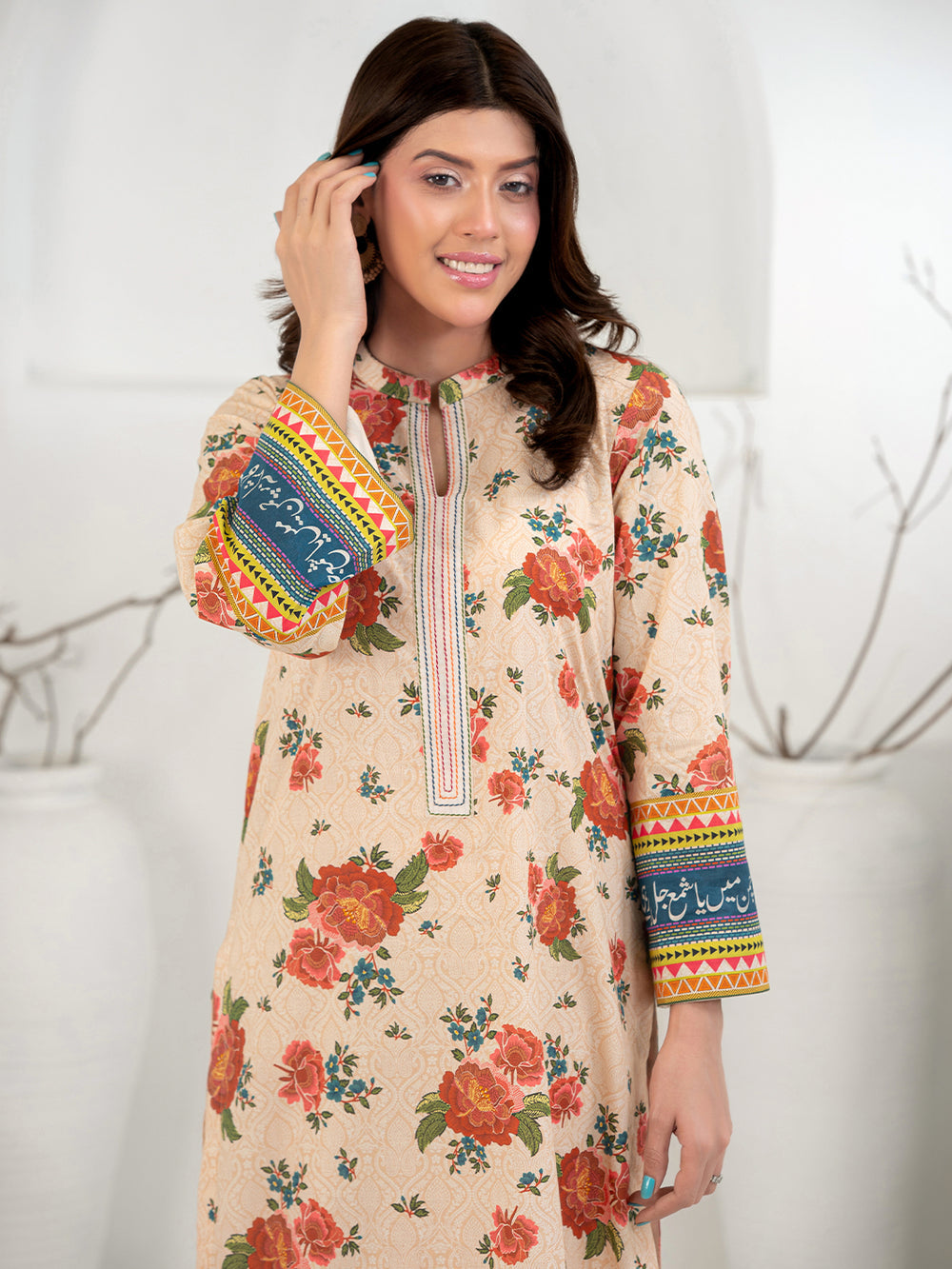 Peach Beige 3-Piece Printed Suit with Chiffon Dupatta For Women