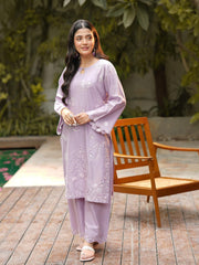 Lilac 2-Piece Embroidered Cambric Suit For Women