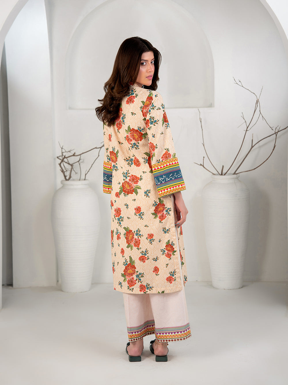 Peach Beige 3-Piece Printed Suit with Chiffon Dupatta For Women