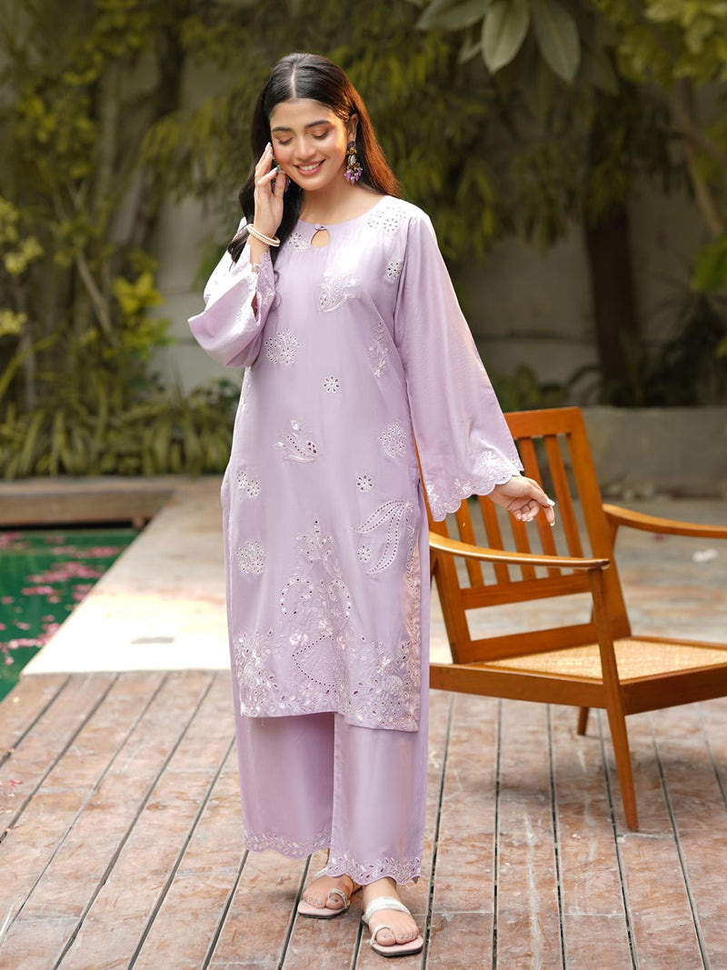 Lilac 2-Piece Embroidered Cambric Suit For Women