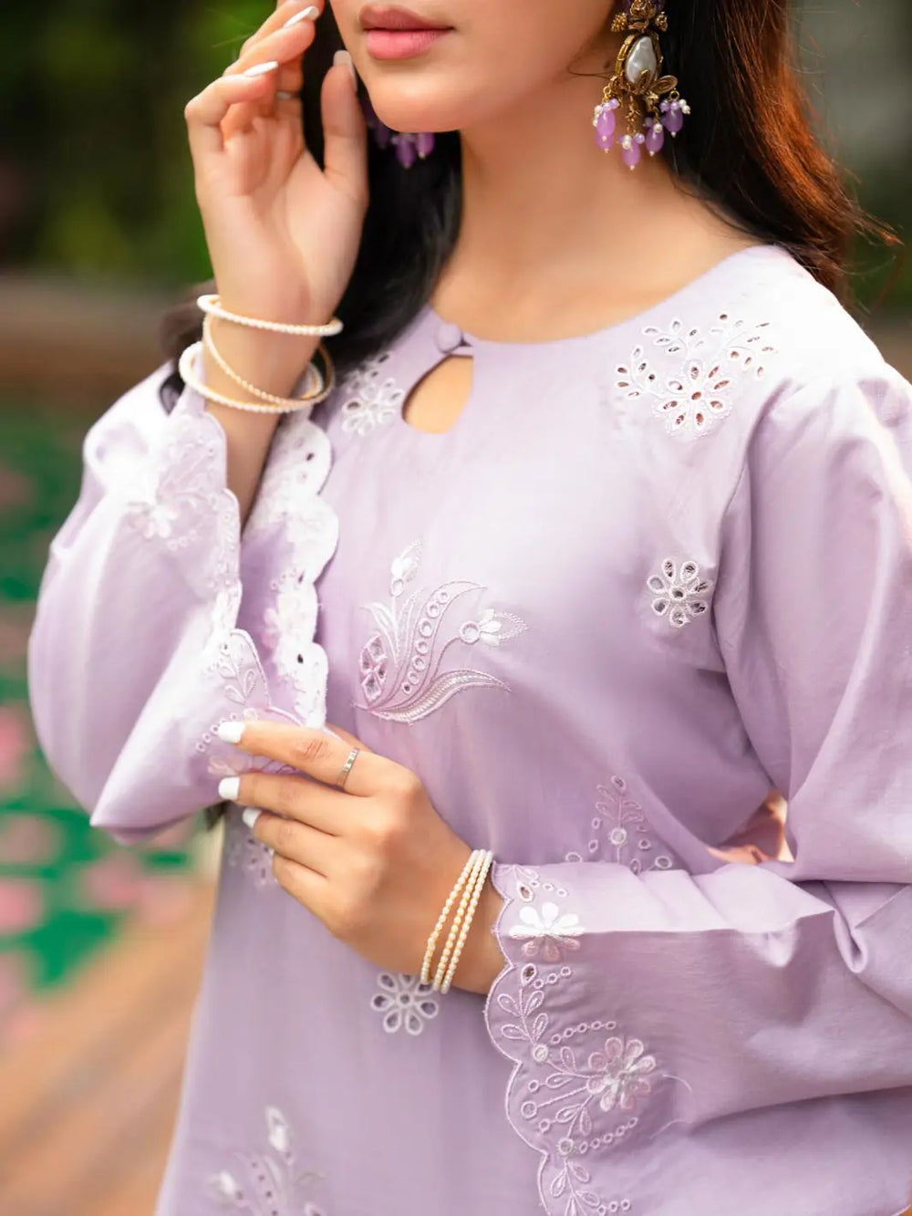 Lilac Embroidered Cambric 2-Piece Suit For Women