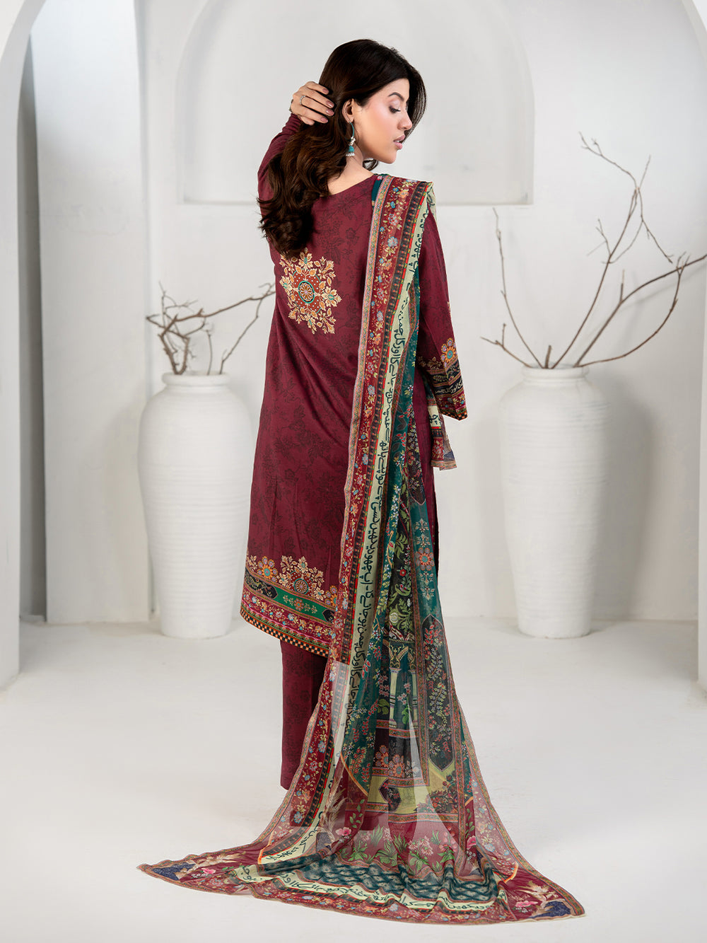 Elegant Maroon 3-Piece Printed Suit For Women