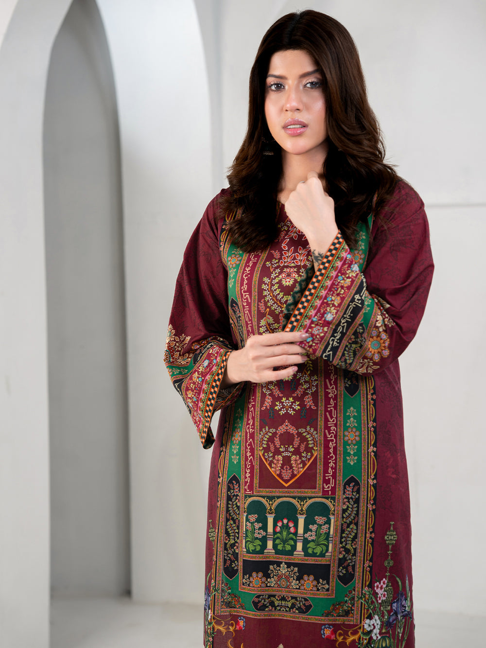 Elegant Maroon 3-Piece Printed Suit For Women