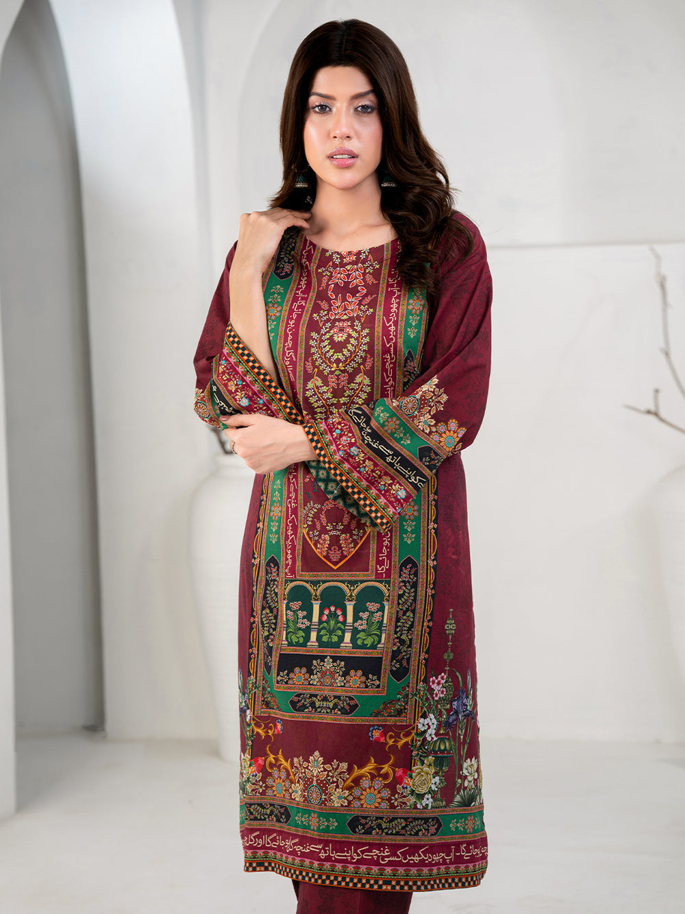 Elegant Maroon 3-Piece Printed Suit For Women