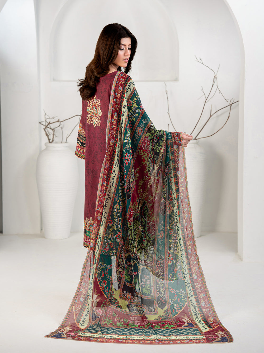 Elegant Maroon 3-Piece Printed Suit For Women