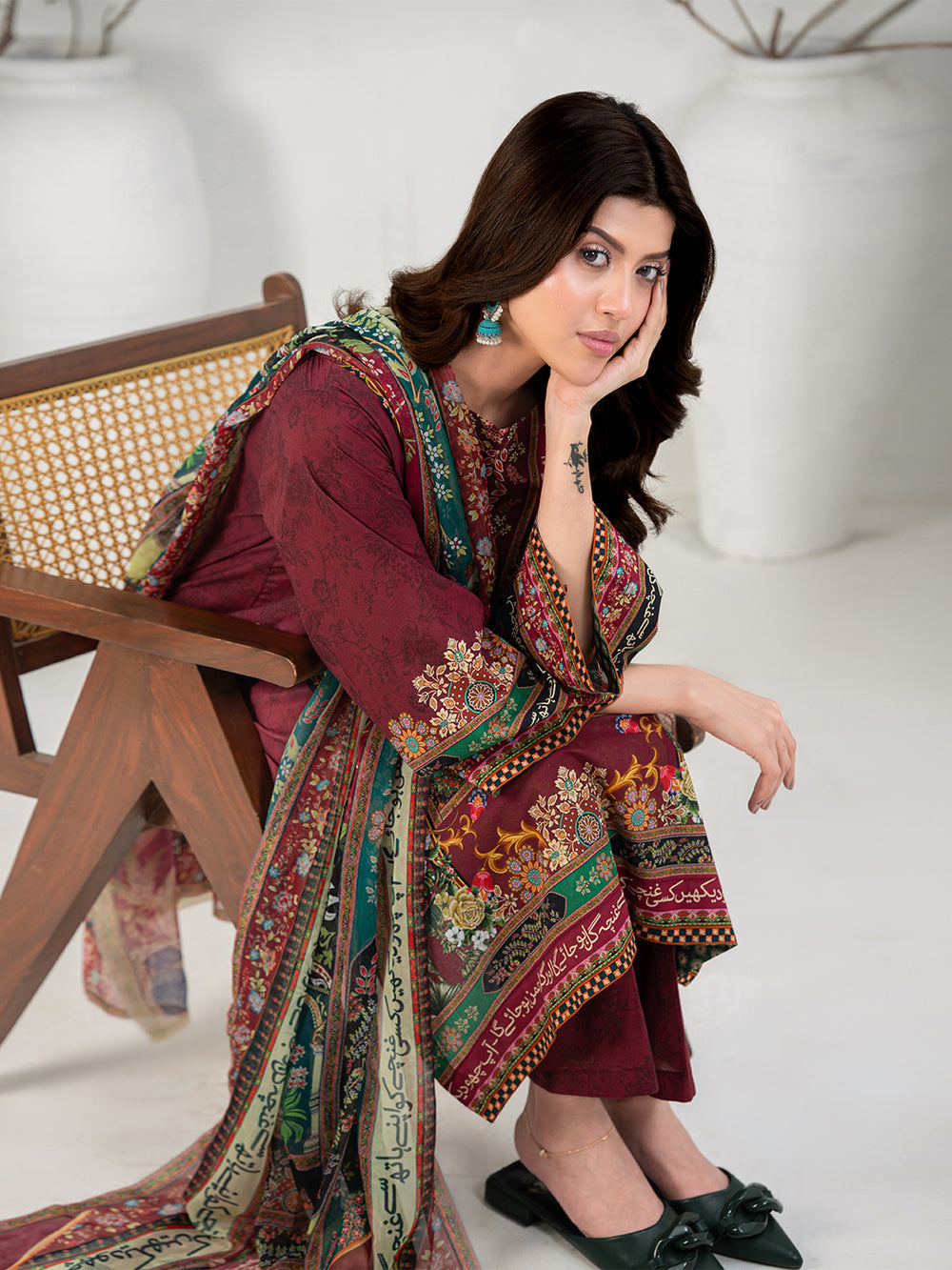 Elegant Maroon 3-Piece Printed Suit For Women