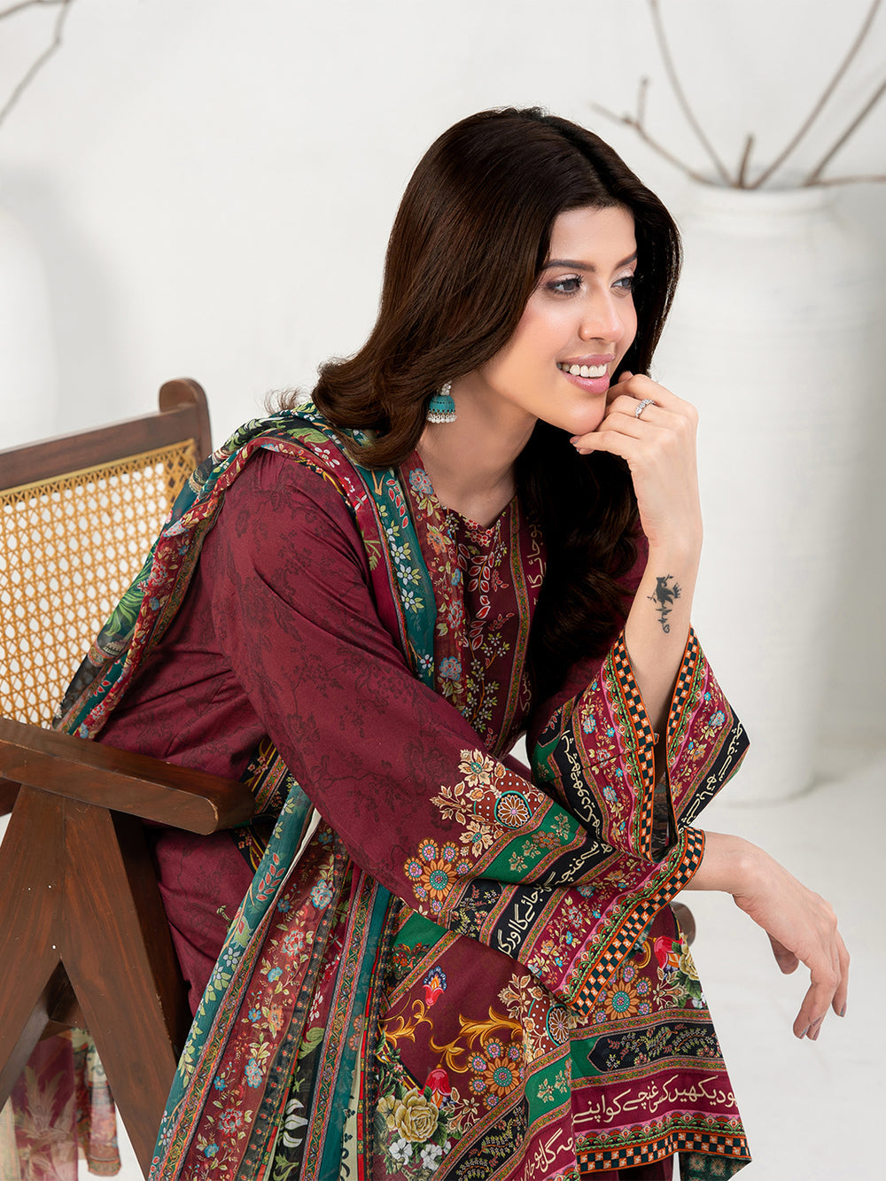 Elegant Maroon 3-Piece Printed Suit For Women