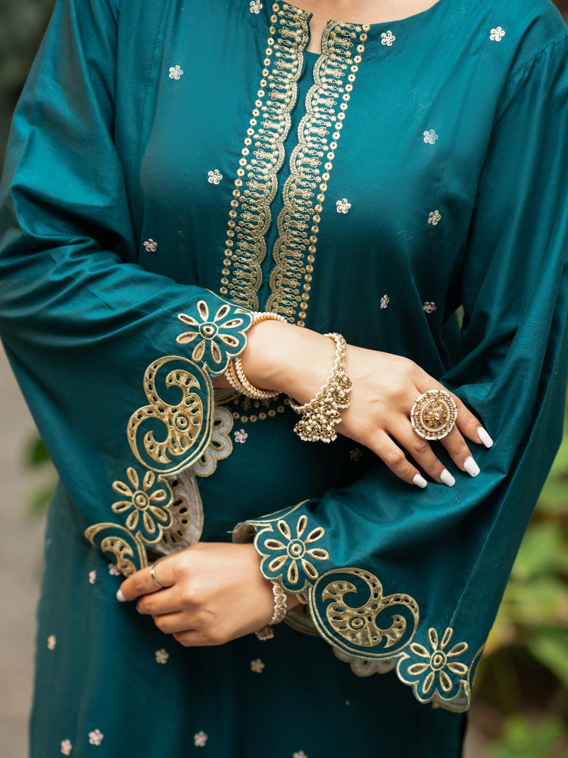 Deep Teal 2-Piece Embroidered Cambric Suit – Luxe Edit For Women