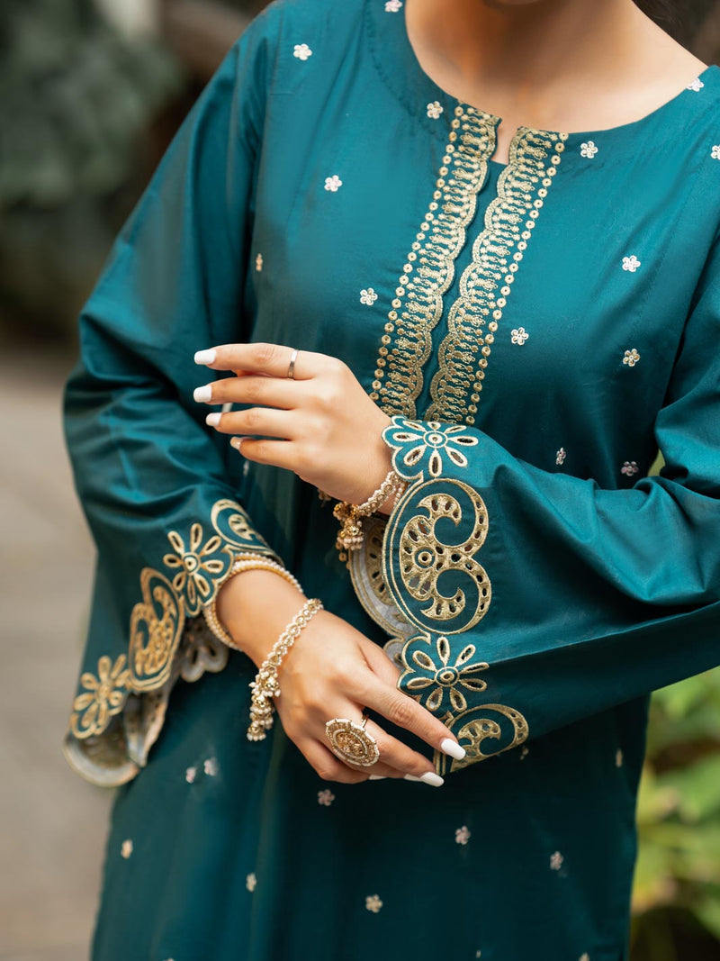 Deep Teal 2-Piece Embroidered Cambric Suit – Luxe Edit For Women